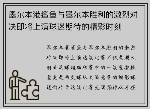 墨尔本港鲨鱼与墨尔本胜利的激烈对决即将上演球迷期待的精彩时刻