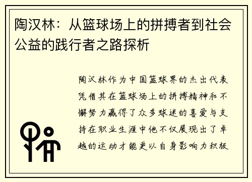 陶汉林：从篮球场上的拼搏者到社会公益的践行者之路探析