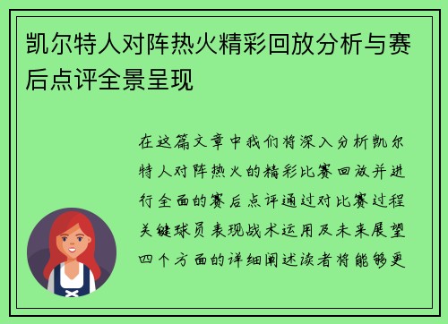 凯尔特人对阵热火精彩回放分析与赛后点评全景呈现