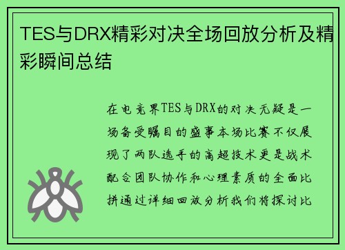 TES与DRX精彩对决全场回放分析及精彩瞬间总结