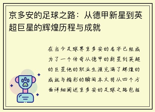 京多安的足球之路：从德甲新星到英超巨星的辉煌历程与成就