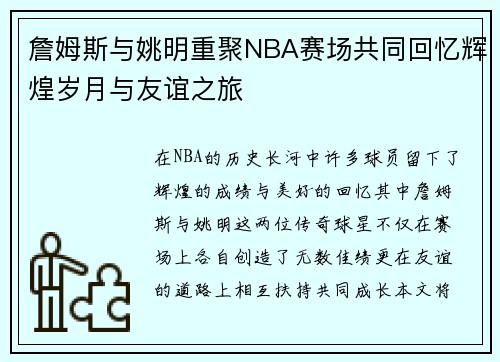 詹姆斯与姚明重聚NBA赛场共同回忆辉煌岁月与友谊之旅
