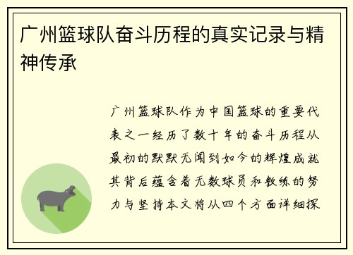 广州篮球队奋斗历程的真实记录与精神传承